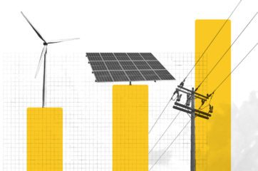 Photo collage of a bar chart with a wind turbine, solar panel, and power lines.