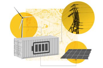 Collage of a windmill, solar panel, and electric lines connected by lines to a storage container with a battery symbol on it.