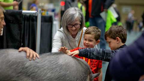 parent with children petting an animal