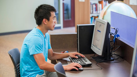 Student at computer in Library