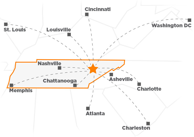 a map showing relationship of Knoxville to large cities in the South East