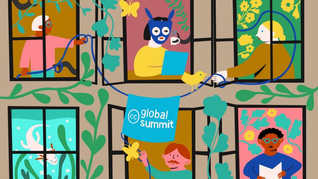 A colorful illustration of a wall of windows, each showing a different figure, including an axolotl and humans engaged in various activities, one wearing a blue luchador mask, and others holding a slender blue line hung with a light blue CC Global Summit banner, all surrounded by butterflies, birds, vines, and flowering plants.