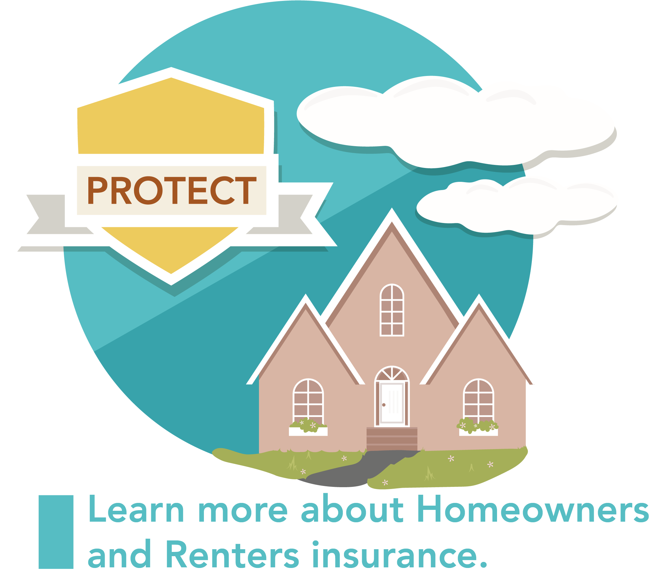 A house and shield with the words Learn more about Homeowners and Renters insurance below.