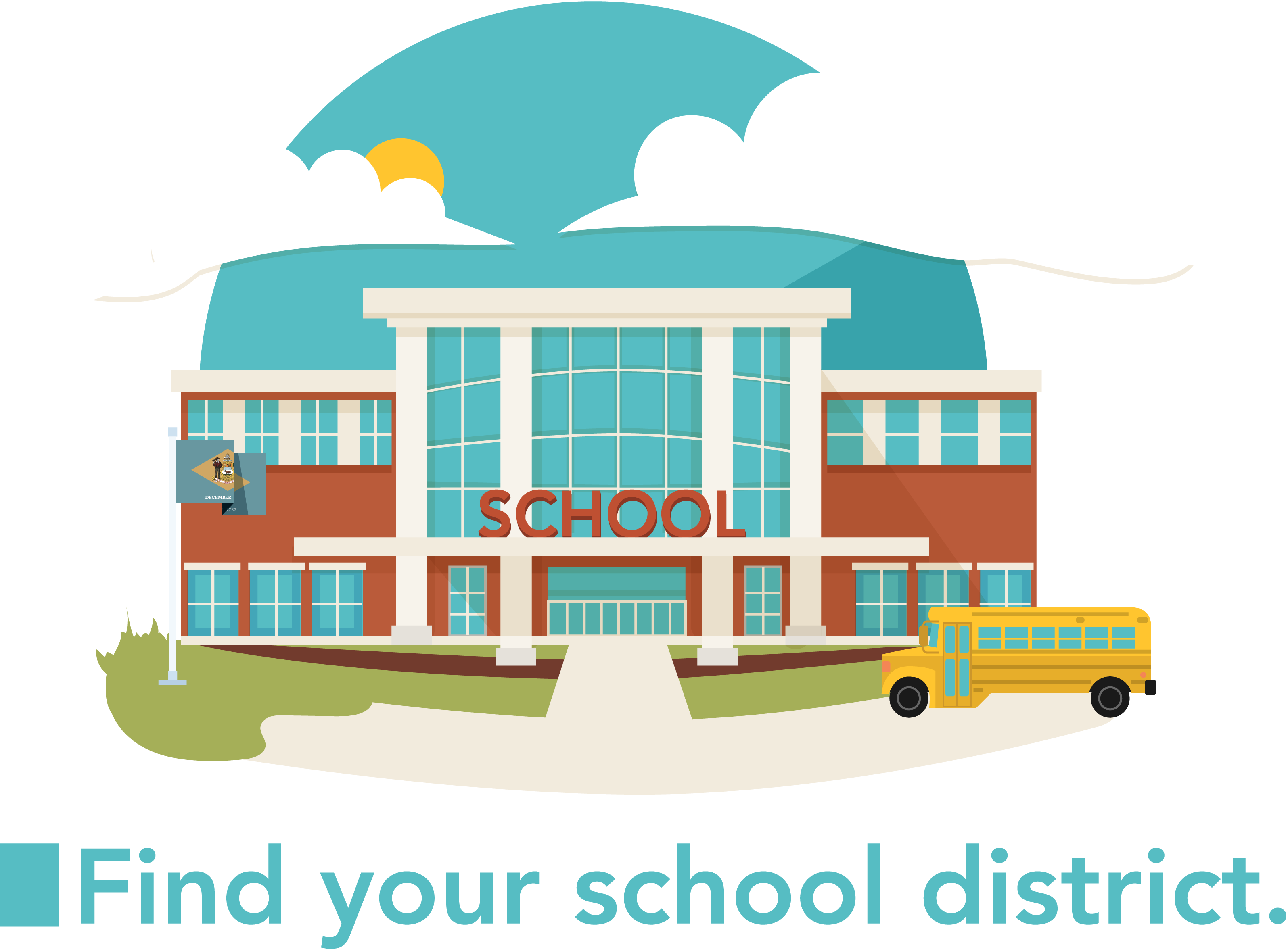 A school building and a bus with the words Find your school district.