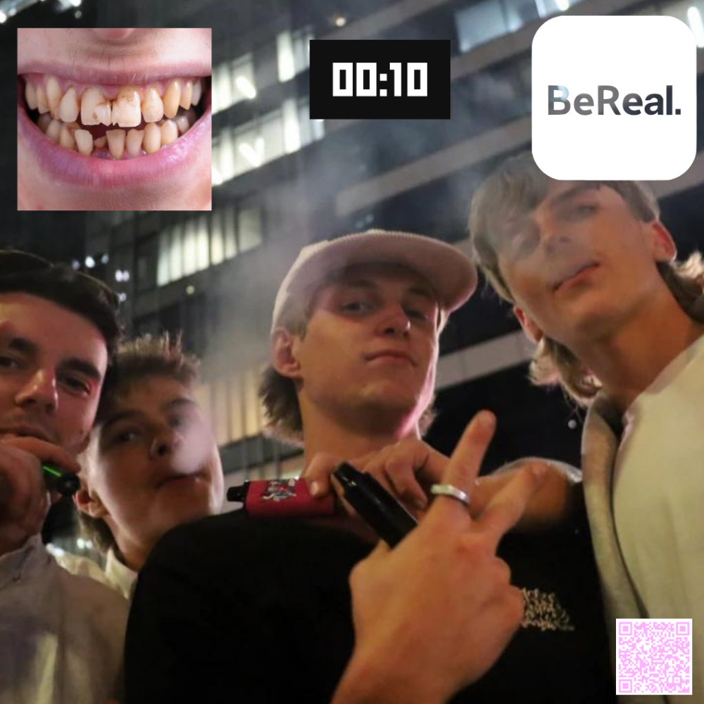 Sample Instagram post of a BeReal countdown showing youth vaping in one photo with an image of the effects of vaping on teeth in another