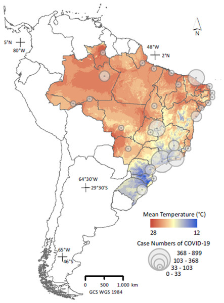 Distribution of counts of confirmed COVID-19 cases across capital cities in Brazil on 26 March, 2020 (n = 27); (Secretarias de Saúde das Unidades Federativas, 2020), superimposed on the country’s thermal variability.