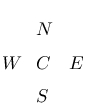 \begin{picture}(3.0,3.0)\put(0.0,1.0){$W$}
\put(1.0,0.0){$S$}
\put(1.0,1.0){$C$}
\put(1.0,2.0){$N$}
\put(2.0,1.0){$E$}
\end{picture}