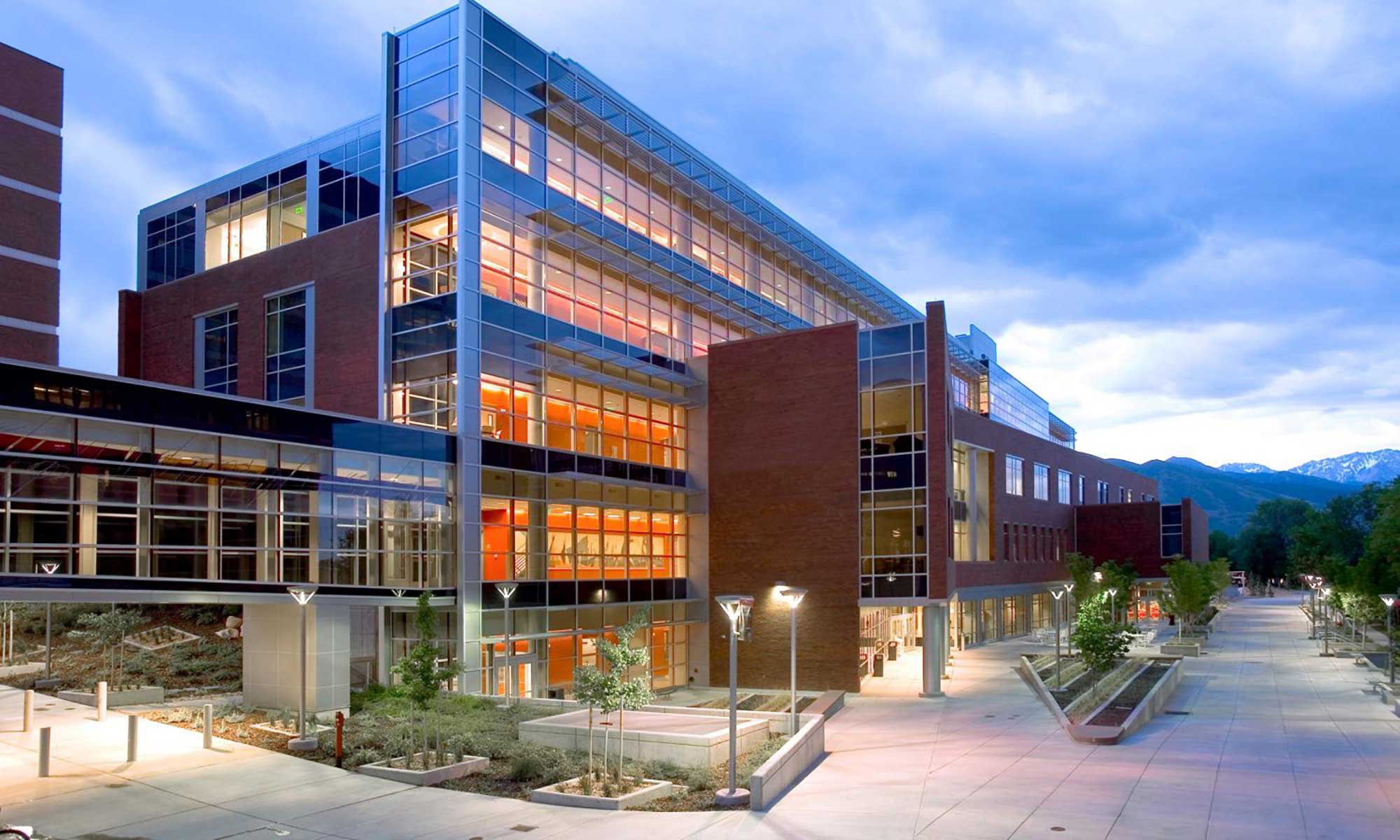 Eccles Health Sciences Education Building, westside, dusk