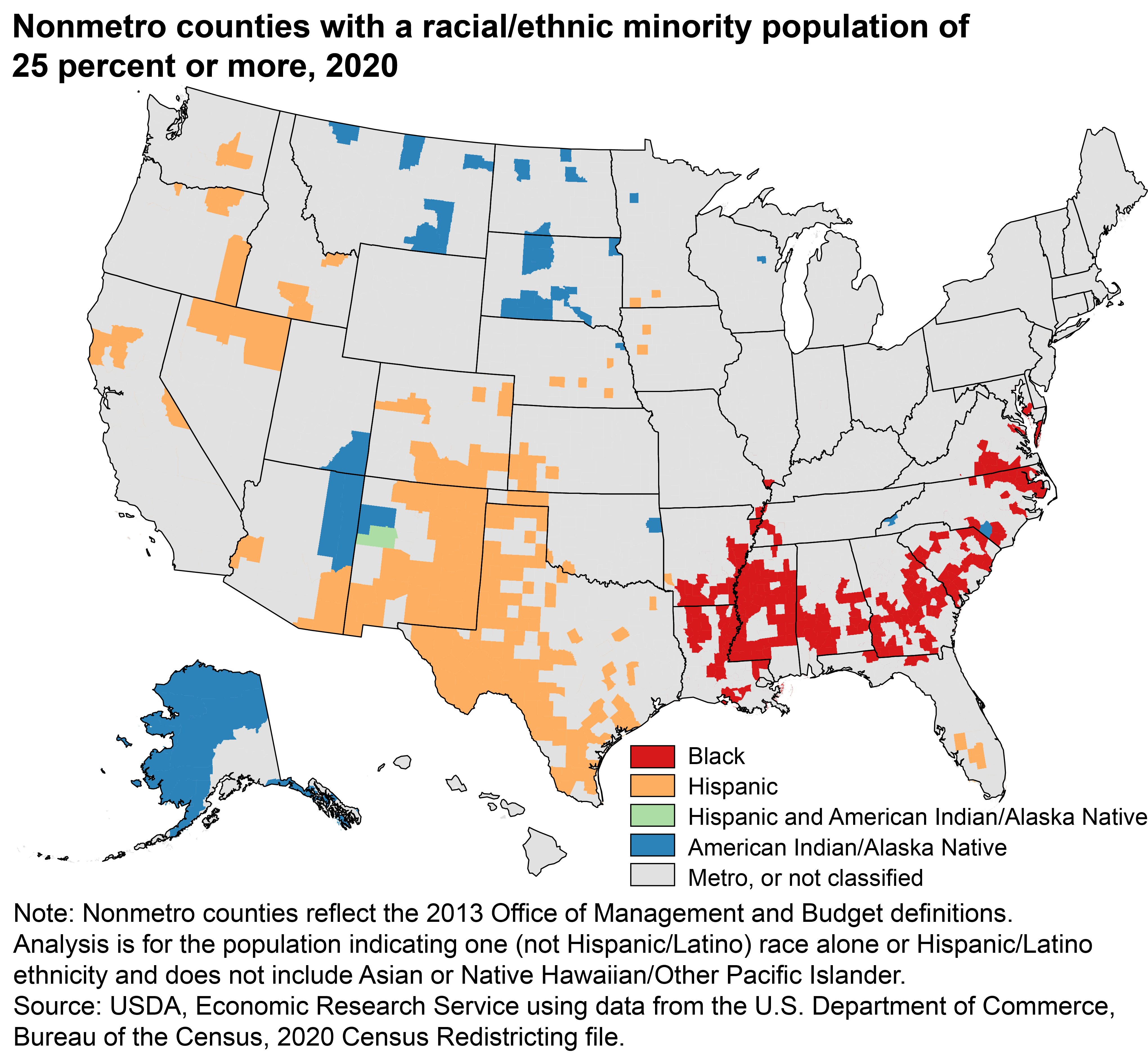 Nonmetro counties with a racial/ethnic minority population of 25 percent or more, 2020