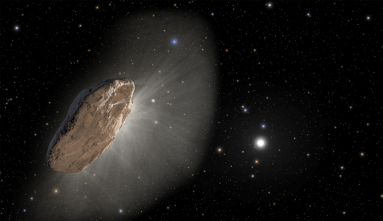 Un gigantesco trozo de roca sobre un fondo de espacio estrellado.