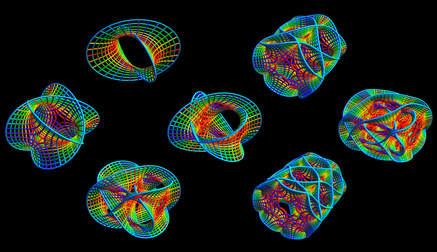 Las coloridas visualizaciones de las superficies de Calabi Yau sugieren muchas geometrías posibles, representadas como una variedad de formas intrincadamente retorcidas y plegadas.