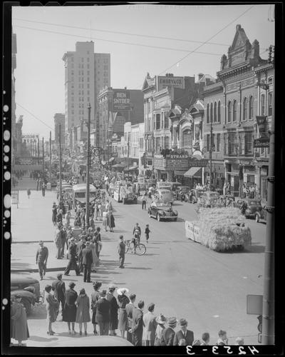 May Day Parade & Festivities (1939 Kentuckian) (University of Kentucky); parade scene, downtown East Main; Strand Theatre, 153 East Main; Tatewood Cafeteria, 155 East Main; Lowenthal's (Fur), 145 East Main; Baynham Shoe, 107-109 East Main; Ben Ali Building, 119 East Main; Ben Ali Theatre, 121 East Main