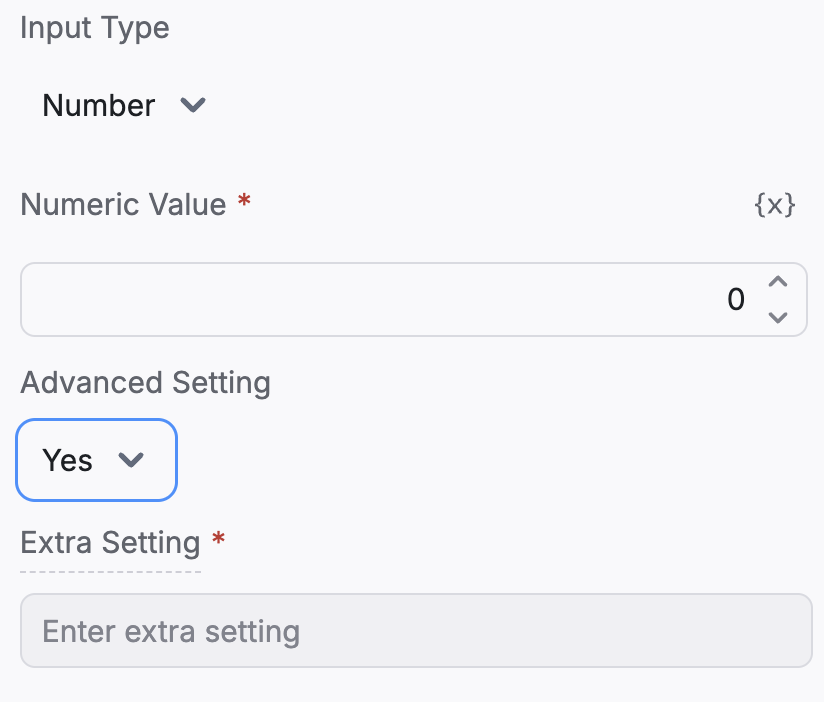 selecting input type number, with advanced settings