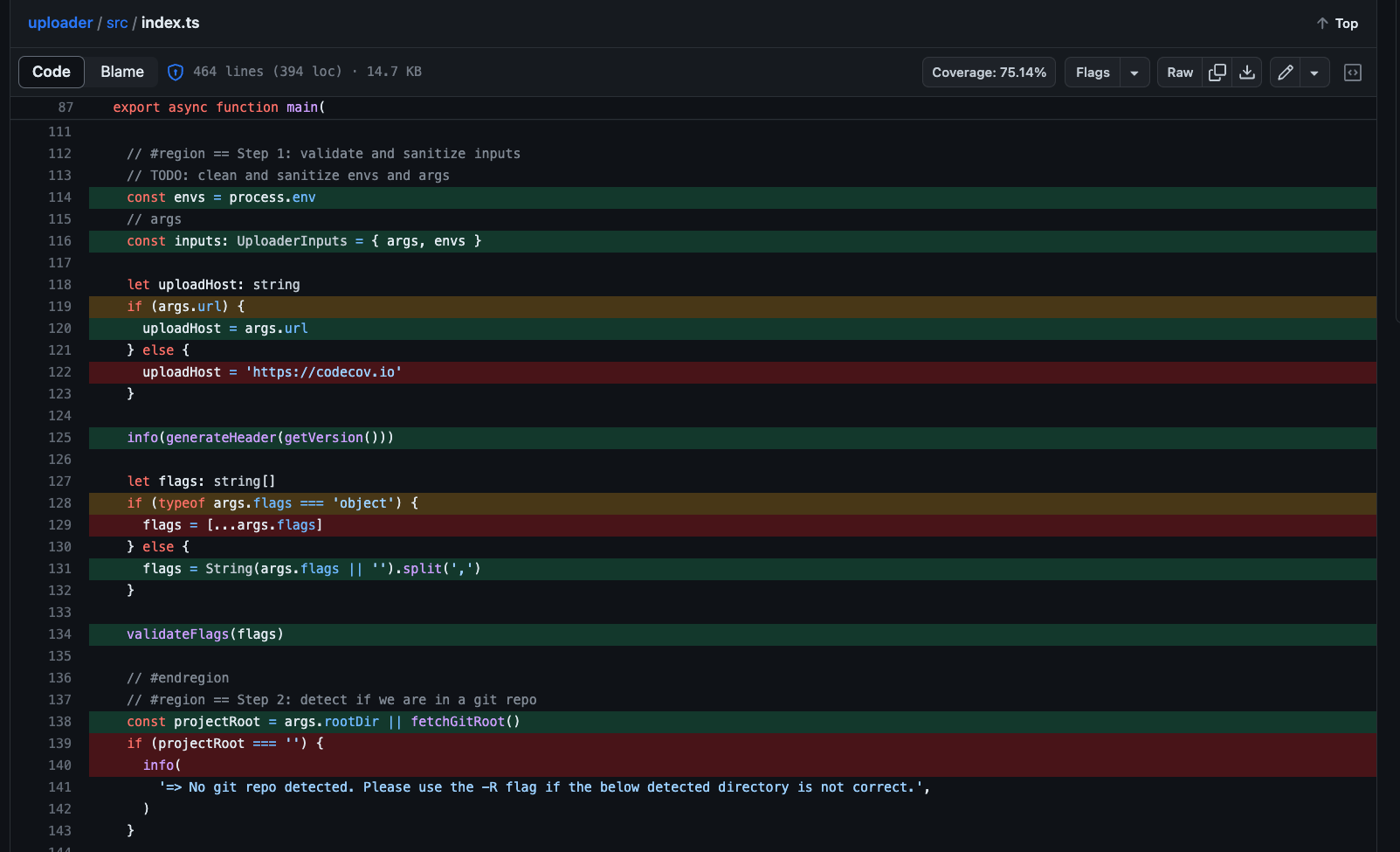 The browser extension displaying line coverage (hits, misses, and partials) as well as total coverage for a file in the [codecov/uploader](https://github.com/codecov/uploader/blob/main/src/index.ts) repository. 