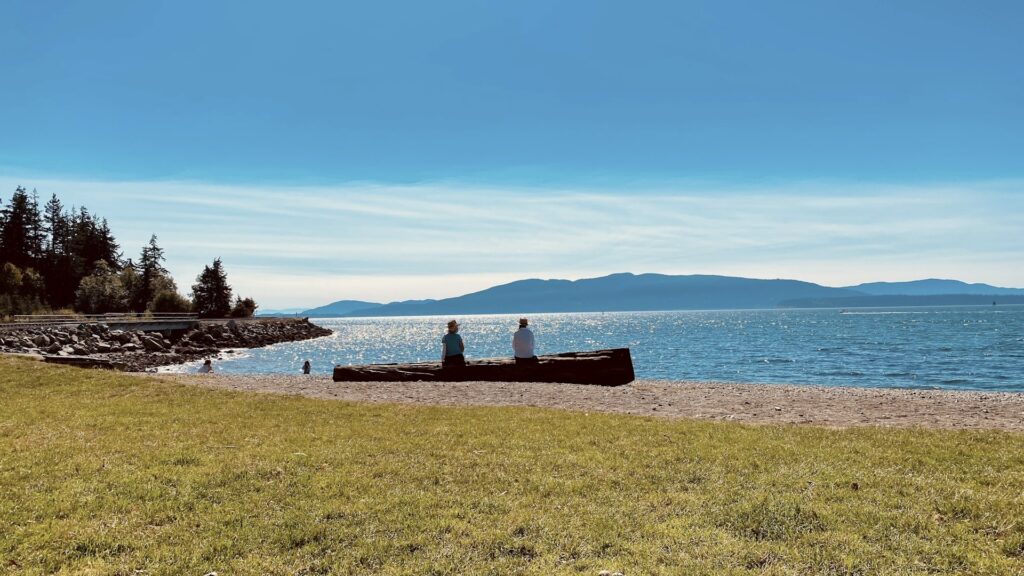 Two people in silhouette sitting on a canoe looking out at the water