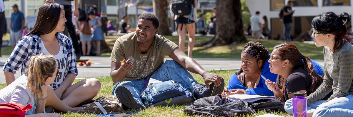 students sitting on the lawn having a fun discussion