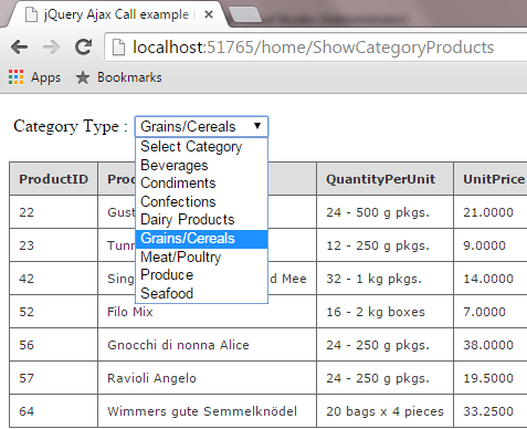 jQuery Ajax Call in ASP.NET MVC example