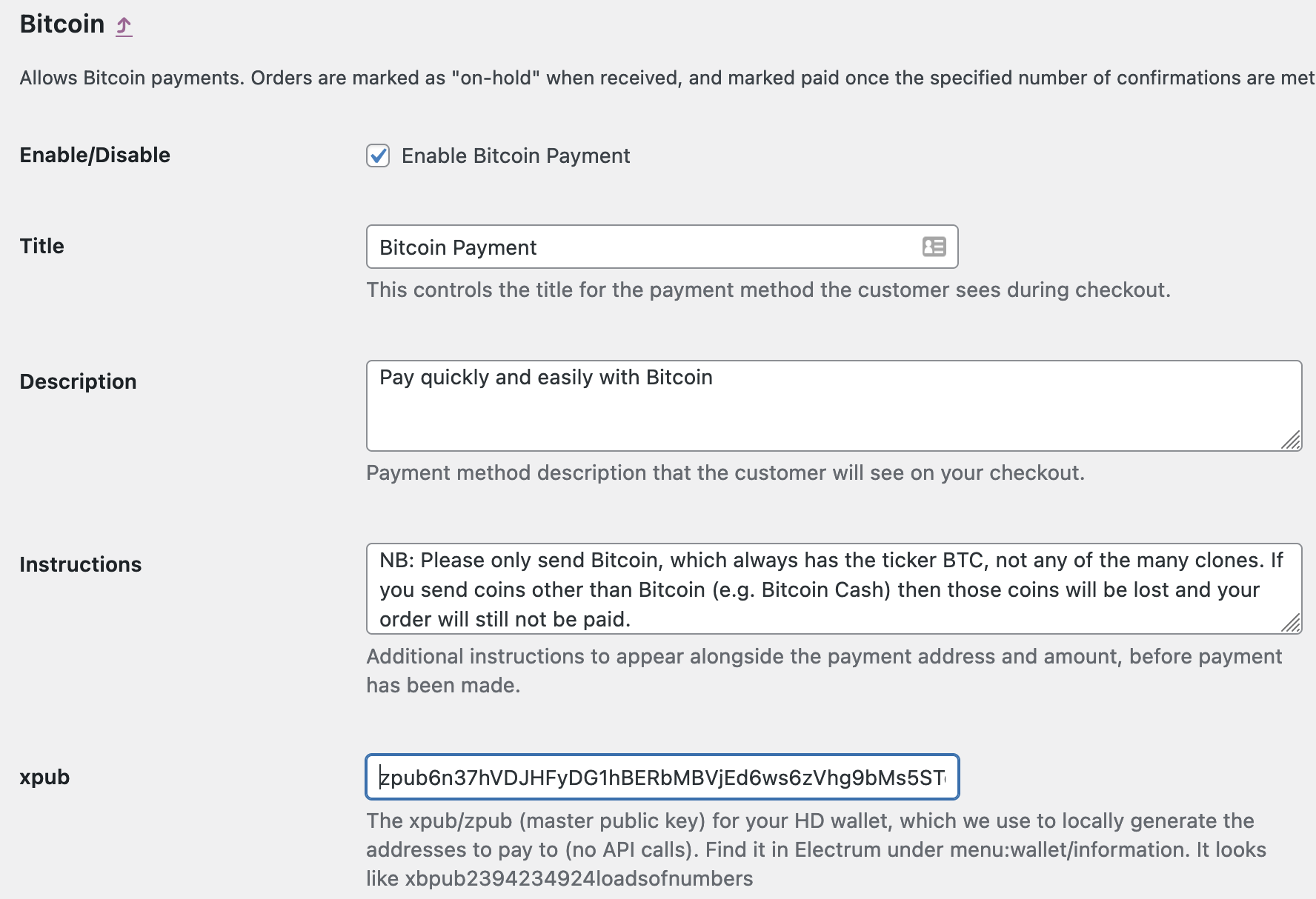 WooCommerce Bitcoin Gateway settings screen