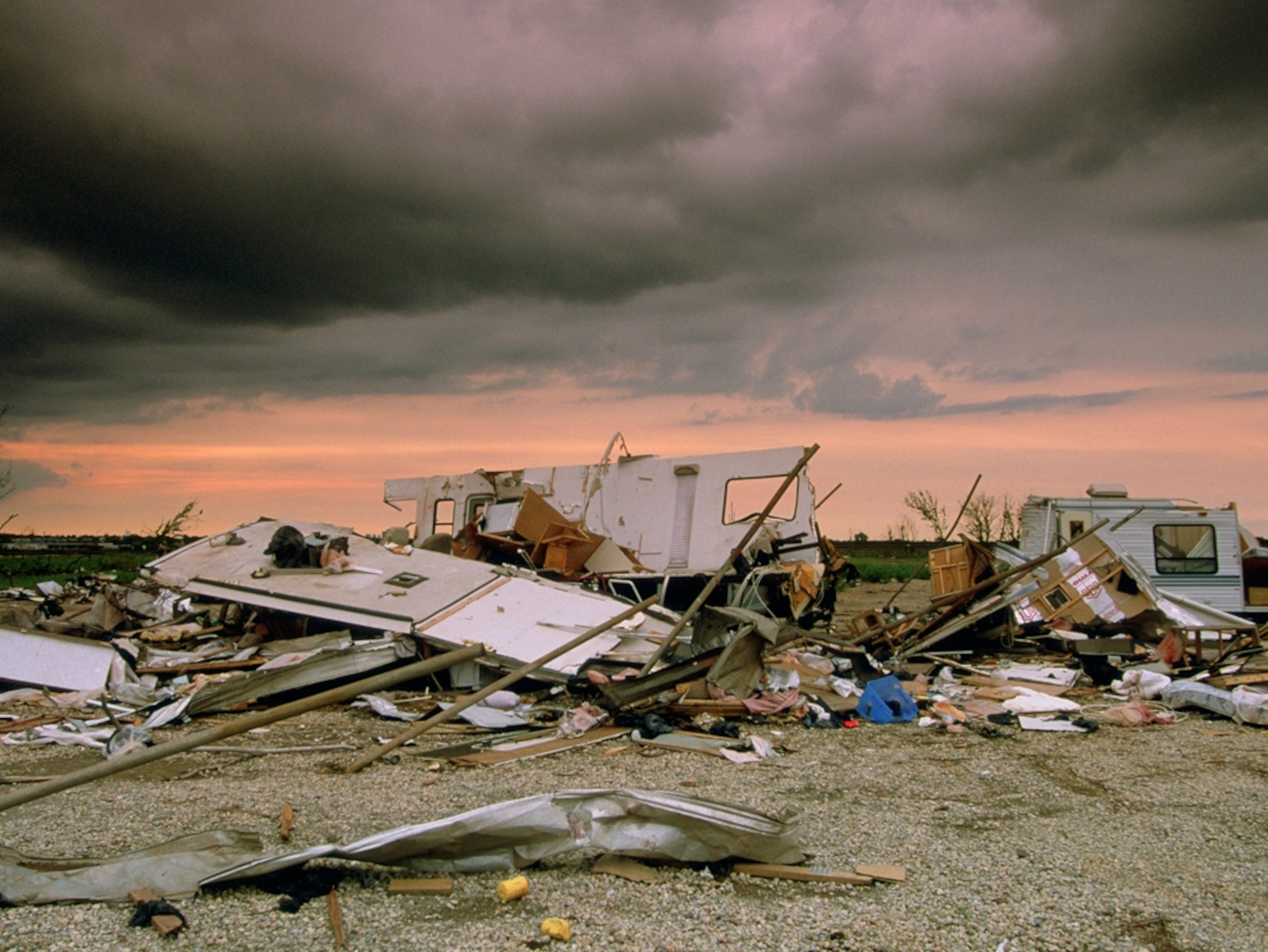 A mobile home demolished by a tornado.