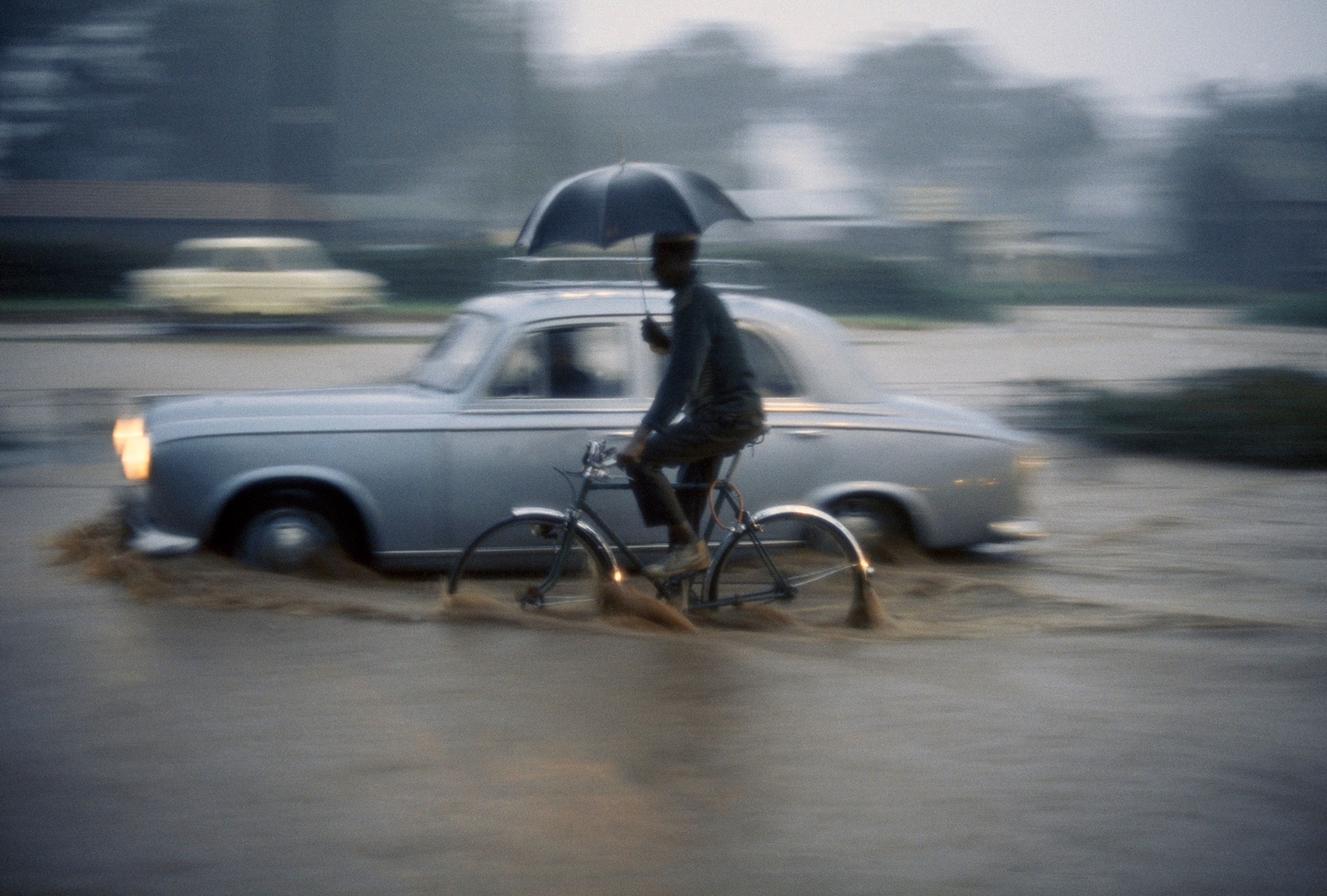 Man holding umbrella rides bike in traffic during afternoon rain