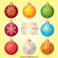 Colorful christmas balls with golden decoration I Free Vector