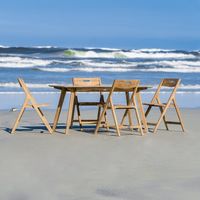 With clean lines and welcoming curves, the 5 piece Surf Dining Set is immediately appealing. First impressions hardly reveal that the exceptionally comfortable Surf Chairs fold effortlessly. Generously scaled and visually robust, the Surf Chairs are relatively lightweight yet structurally strong given their solid teak stature.