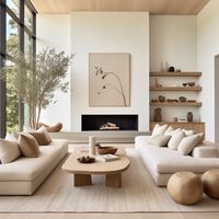 Unwind in this cozy farmhouse living room adorned with Japandi-inspired elements. Minimalist fireplace lines and earthy tones create a serene atmosphere, enhanced by an art piece that adds character to the space. Interior Design | Japandi Style | Modern Farmhouse | Earthy Tones | Minimalist Decor