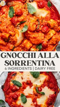 This easy Gnocchi alla Sorrentina inspired by the original classic Sorrento dish features pillowy 2 ingredient fresh potato gnocchi baked in a from-scratch pomodorino sauce and dairy free creamy mozzarella!