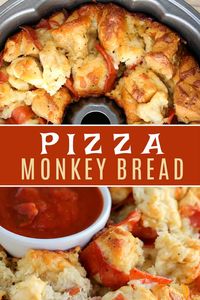 This easy Pizza Monkey Bread is stuffed with pepperoni, mozzarella cheese, and garlic all in a Bundt pan. If you love pizza, you'll love this pull-apart pizza made with refrigerated biscuits. #monkeybread #pizzabread #pizzamonkeybread