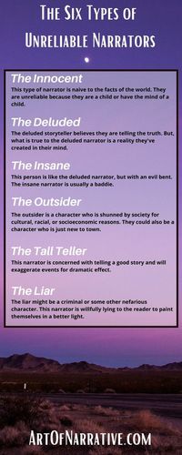 Learn the six types of unrelialble narrators. Plus! Learn how to create an unreliable narrator in your own story. And, learn the benefits of having an unreliable narrator. Also, find six examples… More