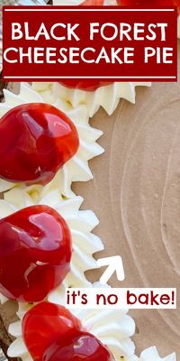 No Bake Black Forest Pie has a chocolate cookie crust with two layers of smooth cheesecake. Top with a spoonful of canned cherry pie filling.