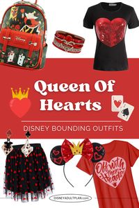 Queen of Hearts Disney bounding for villain outfit ideas! Embrace Alice in Wonderland flair with bold hearts, villain accessories, and red-and-black style—perfect for Disney or events.