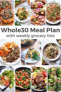 A month of easy, healthy, Whole30 DINNERS! Finally, a Whole 30 meal plan for FOUR WEEKS of dinners, complete with weekly printable Whole30 grocery shopping lists. #whole30 #mealplan #mealprep #cookathomemom #januarywhole30