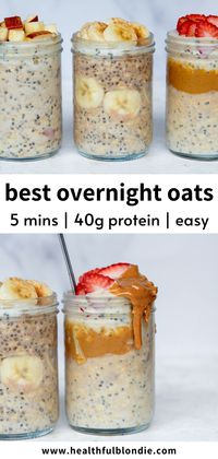 This high-protein overnight oats recipe has over 40 grams of protein per serving! Use any protein powder and choose from over 10 variations, including PB&J, apple pie, and banana bread—the perfect 5-minute healthy meal prep breakfast or snack.