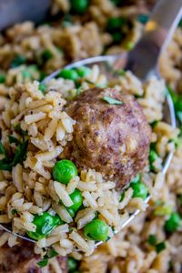 One Skillet Beef Meatballs with Rice and Peas from The Food Charlatan