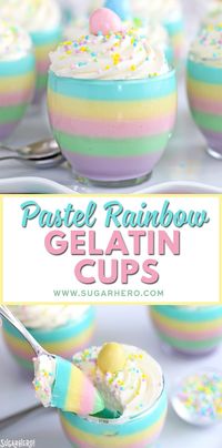 Looking for an easy spring dessert? These Pastel Rainbow Gelatin Cups are simple, kid-friendly, and so beautiful! Serve them plain, or top them with whipped cream and sprinkles! | From SugarHero.com #springdessert #easterdessert #pastel #rainbow #pastelrainbow