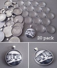 20 Pack Round Antique Silver Photo Jewelry Pendant Setting Supplies w/ Glass - Photo Jewelry Making