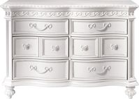 An enchanting place to store clothing, this dresser has curved drawer fronts and custom hardware. Antiqued white finish is beautifully detailed with beading, bows and fluted spool feet. Felt-lined top drawers protect delicates.