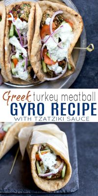 30 Minute Greek Turkey Meatball Gyros topped with a classic Tzatziki Sauce you'll want to swim in! These Gyros are the perfect healthy dinner option for the family and clock in 429 calories! #healthy