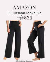 Lululemon lookalike pants for a fraction of the cost. For under $35 you can get these wide leg yoga pants in several color options. They have amazing reviews and come in several inseam and sizing options!