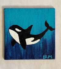 Adorable Killer Whale Mini Refrigerator Magnet.  Water soluble oil paint on canvas board magnet just right for your refrigerator or file cabinet or can be displayed on a mini easel as well.