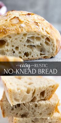 This easy No-Knead Bread loaf has a deliciously crisp crust and a soft spongy center. It’s the perfect blend of soft and chewy. With only 4 ingredients (flour, salt, yeast and water), you can make a bakery-quality, scrumptious loaf of homemade bread. #nokneadbread #bread #olgainthekitchen #easyrecipe #recipes