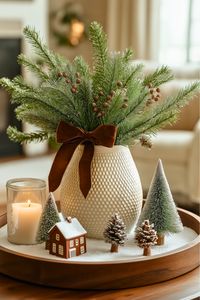 How do you turn a coffee table into a winter wonderland? I love starting with a simple wooden tray filled with faux snow for that cozy, frosty vibe. Add height with a vase of pine twigs and smaller decorations like tree or house figurines for balance. It’s an easy way to bring a touch of winter decorating magic into your living room. Try this out and see how enchanting your space becomes!