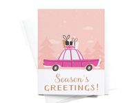 Season's Greetings Pink Vintage Car Holiday Greeting CardInside message reads: And Best Wishes All Year Round! Size: A2 (4.25” x 5.5”) folded greeting card. Material: Printed on smooth white card stock paper that is thick and durable providing a premium feel to the card. Each card includes a matching white square flap envelope. Print Quality: Features vibrantly printed colors that pop, ensuring the design is eye-catching and clear. Packaging: The card and envelope are packaged in an open-top cle