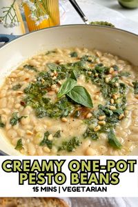 The perfect creamy pesto beans recipe for white beans and pesto lovers! A quick and easy vegetarian weeknight dinner perfect served with crusty bread, rice, mashed potatoes, or just straight from the spoon.