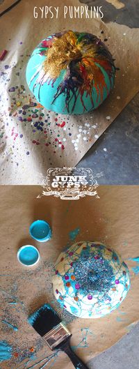 {junk gypsy co.} Pumpkin painting with Junk Gypsy™ Paint.  This is a great craft project  for fall decor and Halloween to do with your kids, family, ladies groups, or whoever loves to create!  Get your Junk Gypsy™ Paint and Clear Coat, glitter, crayons to melt, and other funky finds.