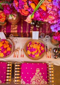 Hot pink & tangerine Moroccan or Indian inspired tabletop.