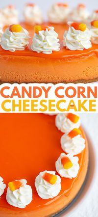 Candy Corn Cheesecake - Calling all candy corn lovers. Here is a candy corn cheesecake that will be the highlight of your day. It's a candy corn flavored cheesecake with a golden graham crust, candy corn flavored cheesecake filling, and topped with a candy corn glaze. #cookiedoughandovenmitt #cheesecake #dessertrecipes #halloween