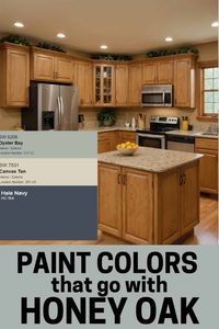 Some of the best paint colors to go with honey oak trim, cabinets, and flooring. #honeyoak #paintcolors #interiordesign #woodcabinets #trim