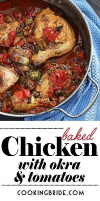 Tasty bone-in chicken thighs are roasted in a rich sauce of sliced okra and tomatoes with fresh herbs. Perfect way to use up a late summer garden bounty. #chickenrecipes #chickenthighs #chickendinner #okra #tomatoes